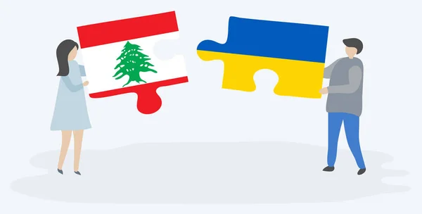 Casal Segurando Duas Peças Quebra Cabeças Com Bandeiras Libanesas Ucranianas —  Vetores de Stock