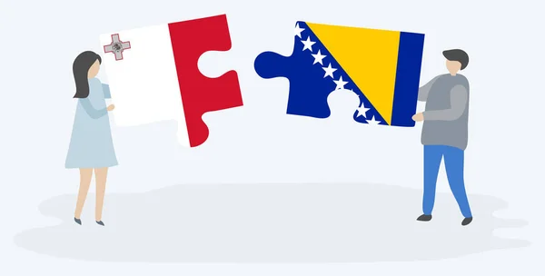 マルタとボスニアの旗を持つ2つのパズルのピースを保持しているカップル マルタとボスニア ヘルツェゴビナの国のシンボル — ストックベクタ