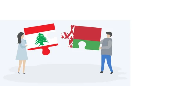 Paar Houden Twee Puzzels Stukken Met Libanese Wit Russische Vlaggen — Stockvector
