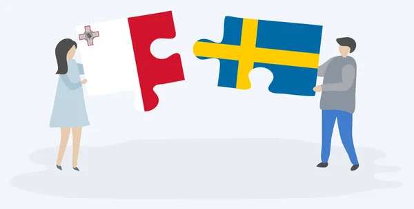 Ζευγάρι Που Κρατά Δύο Κομμάτια Παζλ Μαλτέζικες Και Σουηδικές Σημαίες — Διανυσματικό Αρχείο