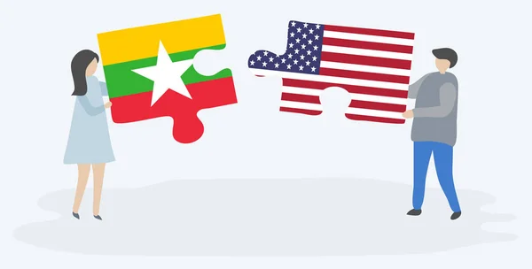 Pár Gazdaság Két Rejtvények Darab Burmai Amerikai Zászlók Mianmar Amerikai — Stock Vector