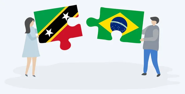 Couple Tenant Deux Pièces Puzzles Avec Des Drapeaux Kittitien Brésilien — Image vectorielle