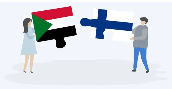 Casal Segurando Duas Peças Quebra Cabeças Com Bandeiras Sudanesas Finlandesas — Vetor de Stock