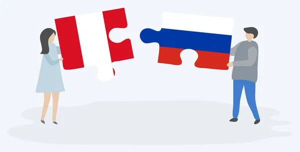 Para Trzymania Dwóch Puzzli Peruwiańskich Rosyjskich Flag Symbole Narodowe Peru — Wektor stockowy