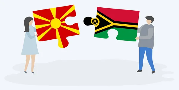 Couple Tenant Deux Pièces Puzzles Avec Des Drapeaux Macédoniens Vanuatuans — Image vectorielle