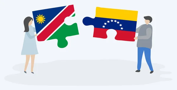 Couple Tenant Deux Pièces Puzzles Avec Des Drapeaux Namibien Vénézuélien — Image vectorielle