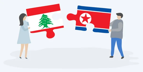 Pareja Sosteniendo Dos Piezas Rompecabezas Con Banderas Libanesas Norcoreanas Líbano — Archivo Imágenes Vectoriales