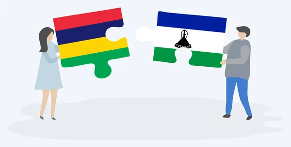 Couple Tenant Deux Pièces Puzzles Avec Des Drapeaux Mauricien Basotho — Image vectorielle