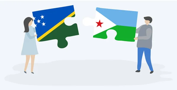 Пара Держащая Две Головоломки Флажками Соломона Джибути Соломоновы Острова Джибути — стоковый вектор