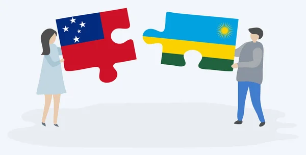 Samoa Ruanda Bayrakları Ile Iki Bulmaca Parçaları Tutan Çift Samoa — Stok Vektör