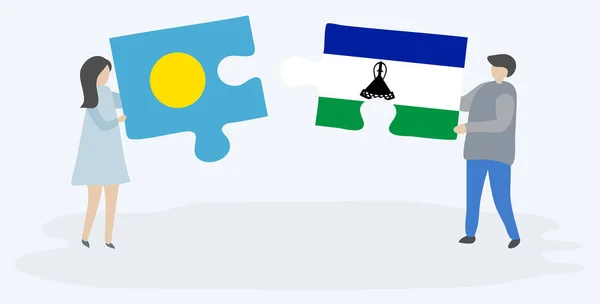 Pár Holding Két Rejtvények Darab Palauan Basotho Zászlók Palau Lesotho — Stock Vector