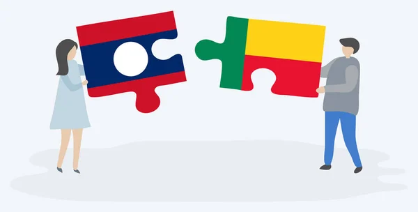 Coppia Contenente Due Pezzi Puzzle Con Bandiere Lao Beninese Laos — Vettoriale Stock
