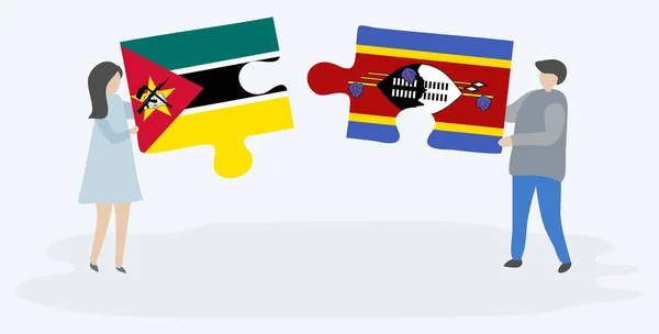 Paar Houden Twee Puzzels Stukken Met Mozambican Swazi Vlaggen Nationale — Stockvector