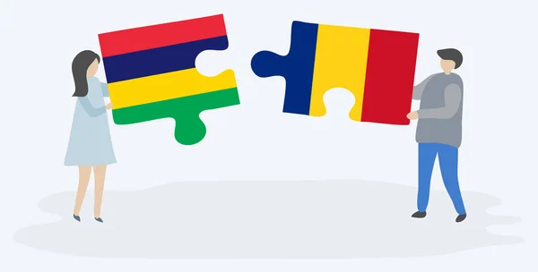 Couple Tenant Deux Pièces Puzzles Avec Des Drapeaux Mauricien Roumain — Image vectorielle