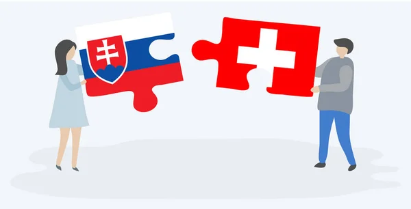 スロバキアとスイスの旗を持つ2つのパズルピースを保持しているカップル スロバキアとスイスの国のシンボル — ストックベクタ