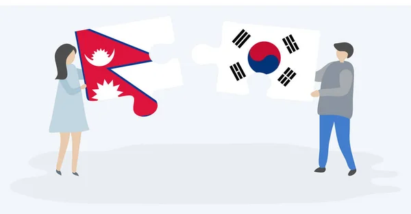 Para Trzyma Dwa Kawałki Puzzli Nepalskich Południowokoreańskich Flag Symbole Narodowe — Wektor stockowy