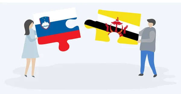 Paar Houden Twee Puzzels Stukken Met Sloveense Bruneian Vlaggen Slovenië — Stockvector