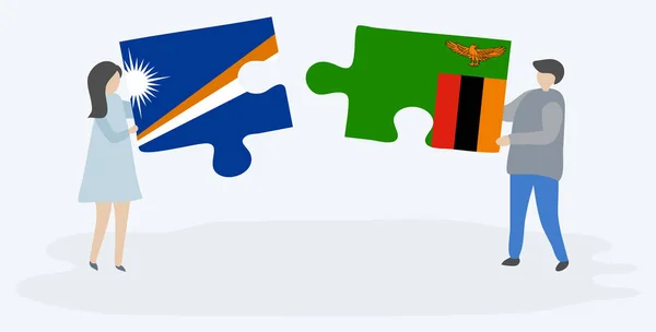 Casal Segurando Duas Peças Quebra Cabeças Com Bandeiras Marshallese Zambiana —  Vetores de Stock