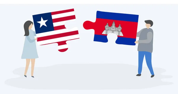 Paar Houden Twee Puzzels Stukken Met Liberiaanse Cambodjaanse Vlaggen Liberia — Stockvector