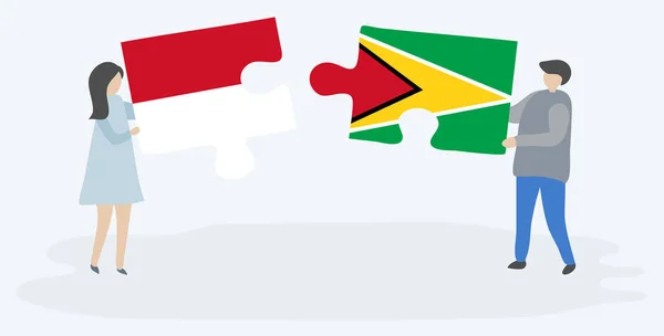 Pareja Sosteniendo Dos Piezas Rompecabezas Con Banderas Monegascas Guyanesas Mónaco — Vector de stock
