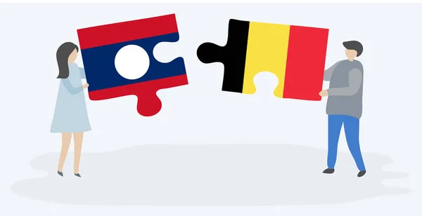 Casal Segurando Duas Peças Quebra Cabeças Com Bandeiras Lao Bélgica — Vetor de Stock
