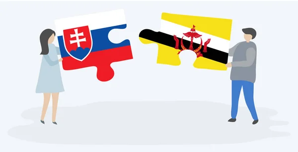 Paar Houden Twee Puzzels Stukken Met Slowaakse Bruneian Vlaggen Slowakije — Stockvector