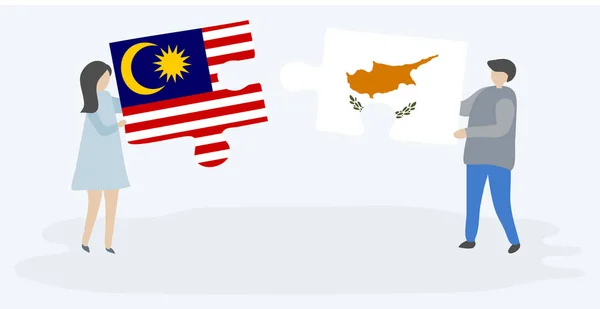夫妇拿着两个拼图与马来西亚和塞浦路斯国旗 马来西亚和塞浦路斯国家符号在一起 — 图库矢量图片
