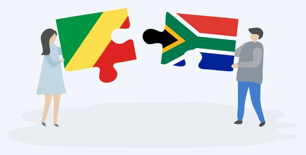 Pareja Sosteniendo Dos Piezas Rompecabezas Con Banderas Congoleñas Sudafricanas República — Vector de stock