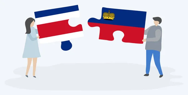 Pareja Sosteniendo Dos Piezas Rompecabezas Con Banderas Costa Rica Liechtenstein — Vector de stock