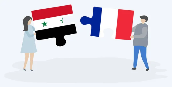 Paar Houden Twee Puzzels Stukken Met Syrische Franse Vlaggen Syrië — Stockvector