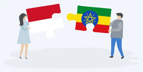 Couple Tenant Deux Pièces Puzzles Avec Des Drapeaux Monégasques Éthiopiens — Image vectorielle