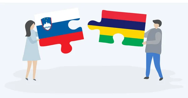 Para Trzymania Dwóch Puzzli Flag Słoweńskich Maurytyjskiej Słowenia Mauritius Symbole — Wektor stockowy