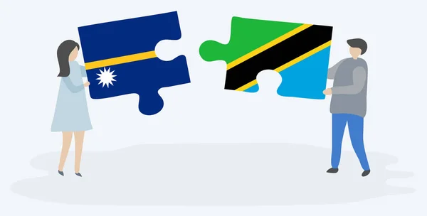 Çift Nauruan Tanzanya Bayrakları Ile Iki Bulmaca Parçaları Tutan Nauru — Stok Vektör