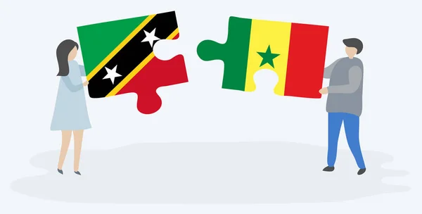 Paar Houden Twee Puzzels Stukken Met Kittitian Senegalese Vlaggen Saint — Stockvector
