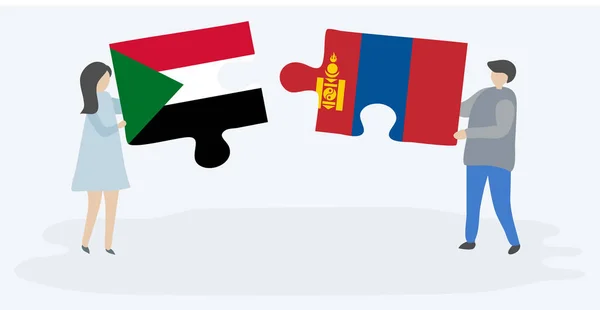 Para Trzyma Dwa Kawałki Puzzli Sudanu Mongolskiej Flagi Symbole Narodowe — Wektor stockowy
