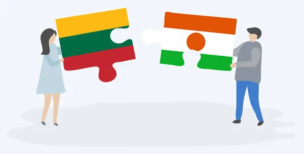 Casal Segurando Duas Peças Quebra Cabeças Com Bandeiras Lituanas Nigerianas —  Vetores de Stock