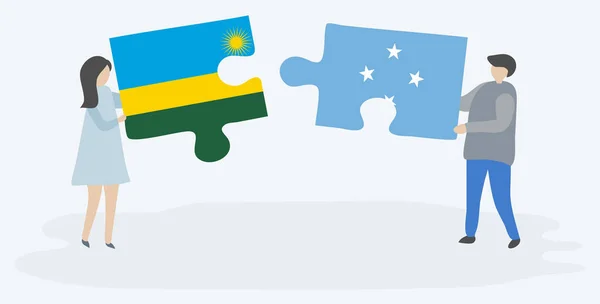 Casal Segurando Duas Peças Quebra Cabeças Com Bandeiras Ruandesas Micronésias —  Vetores de Stock