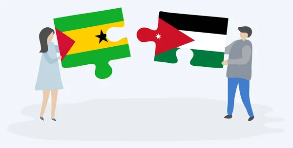 トメアンとヨルダンの旗を持つ2つのパズルピースを持つカップル サントメとプリンシペとヨルダンの国のシンボル — ストックベクタ