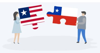 Liberya ve Şili bayrakları ile iki bulmaca parçaları tutan çift. Liberya ve Şili ulusal sembolleri birlikte.