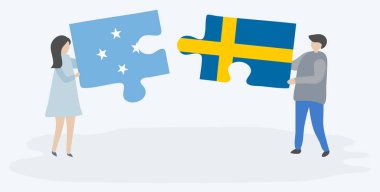 Mikronezya ve İsveç bayrakları ile iki bulmaca parçaları tutan çift. Mikronezya ve İsveç ulusal sembolleri birlikte.