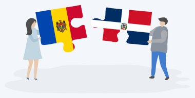 Moldova ve Dominik bayrakları ile iki bulmaca parçaları tutan çift. Moldova ve Dominik Cumhuriyeti ulusal sembolleri birlikte.