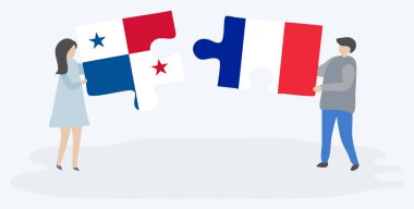 Panama ve Fransız bayrakları ile iki bulmaca parçaları tutan çift. Panama ve Fransa ulusal sembolleri birlikte.