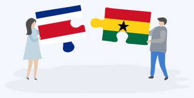Çift Kosta Rika ve Gana bayrakları ile iki bulmaca parçaları tutan. Kosta Rika ve Gana ulusal sembolleri birlikte.