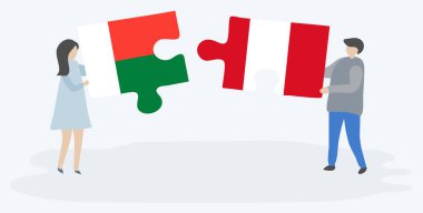 Çift Malagasy ve Perulu bayrakları ile iki bulmaca parçaları tutan. Madagaskar ve Peru ulusal sembolleri birlikte.