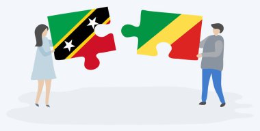 Kittiti ve Kongo bayrakları ile iki bulmaca parçaları tutan çift. Saint Kitts ve Nevis ve Kongo Cumhuriyeti ulusal sembolleri birlikte.