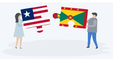 Liberya ve Grenadian bayrakları ile iki bulmaca parçaları tutan çift. Liberya ve Grenada ulusal sembolleri birlikte.