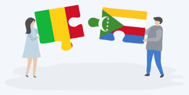 Çift Mali ve Comoran bayrakları ile iki bulmaca parçaları tutan. Mali ve Komorulusal sembolleri birlikte.