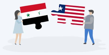 Suriye ve Liberya bayrakları ile iki bulmaca parçaları tutan çift. Suriye ve Liberya ulusal sembolleri birlikte.