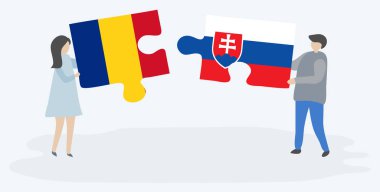 Romen ve Slovak bayrakları ile iki bulmaca parçaları tutan çift. Romanya ve Slovakya ulusal sembolleri bir arada.