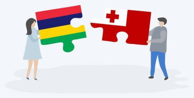 Çift Moritanya ve Tongan bayrakları ile iki bulmaca parçaları tutan. Mauritius ve Tonga ulusal sembolleri birlikte.